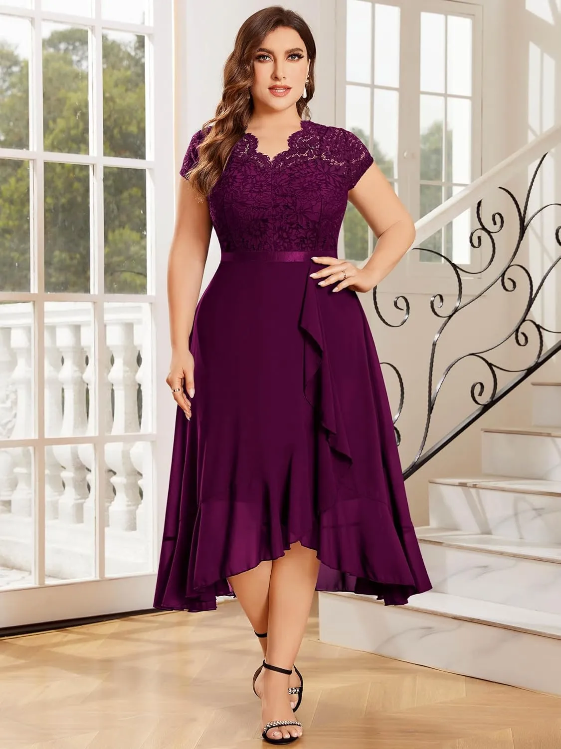 Miusol Women's Plus Size V Neck Elegant Floral Lace Ruffle Bridesmaid Maxi Dress
