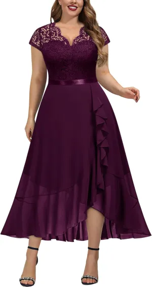 Miusol Women's Plus Size V Neck Elegant Floral Lace Ruffle Bridesmaid Maxi Dress