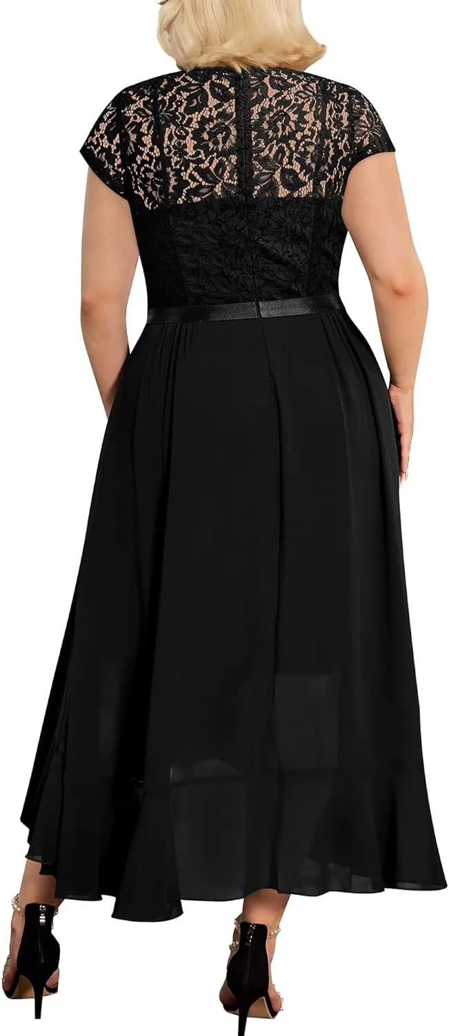 Miusol Women's Plus Size V Neck Elegant Floral Lace Ruffle Bridesmaid Maxi Dress