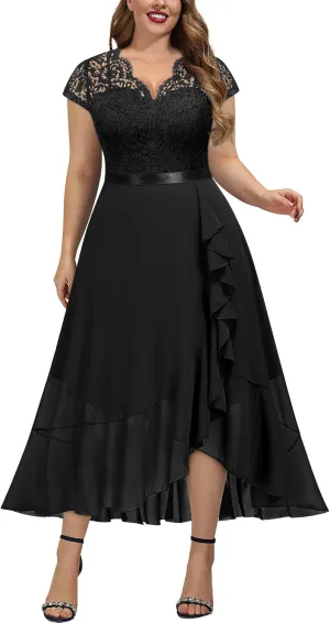 Miusol Women's Plus Size V Neck Elegant Floral Lace Ruffle Bridesmaid Maxi Dress