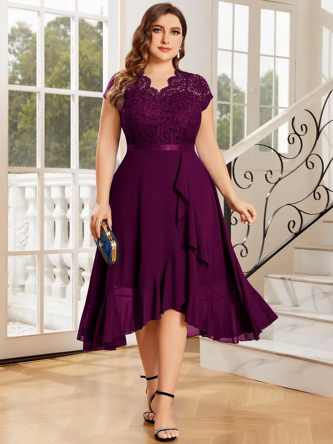 Miusol Women's Plus Size V Neck Elegant Floral Lace Ruffle Bridesmaid Maxi Dress