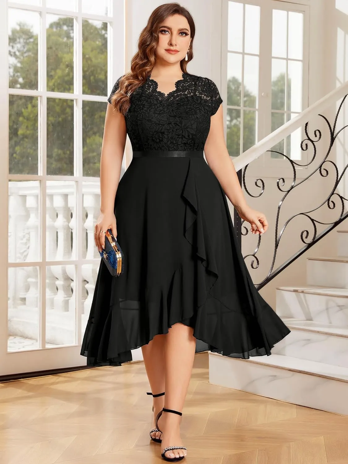 Miusol Women's Plus Size V Neck Elegant Floral Lace Ruffle Bridesmaid Maxi Dress