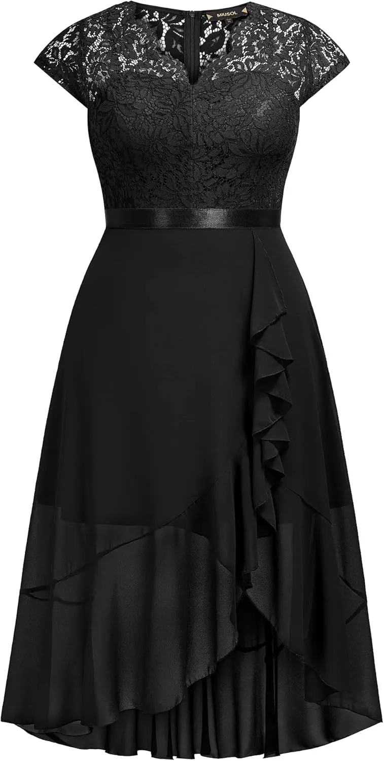 Miusol Women's Plus Size V Neck Elegant Floral Lace Ruffle Bridesmaid Maxi Dress