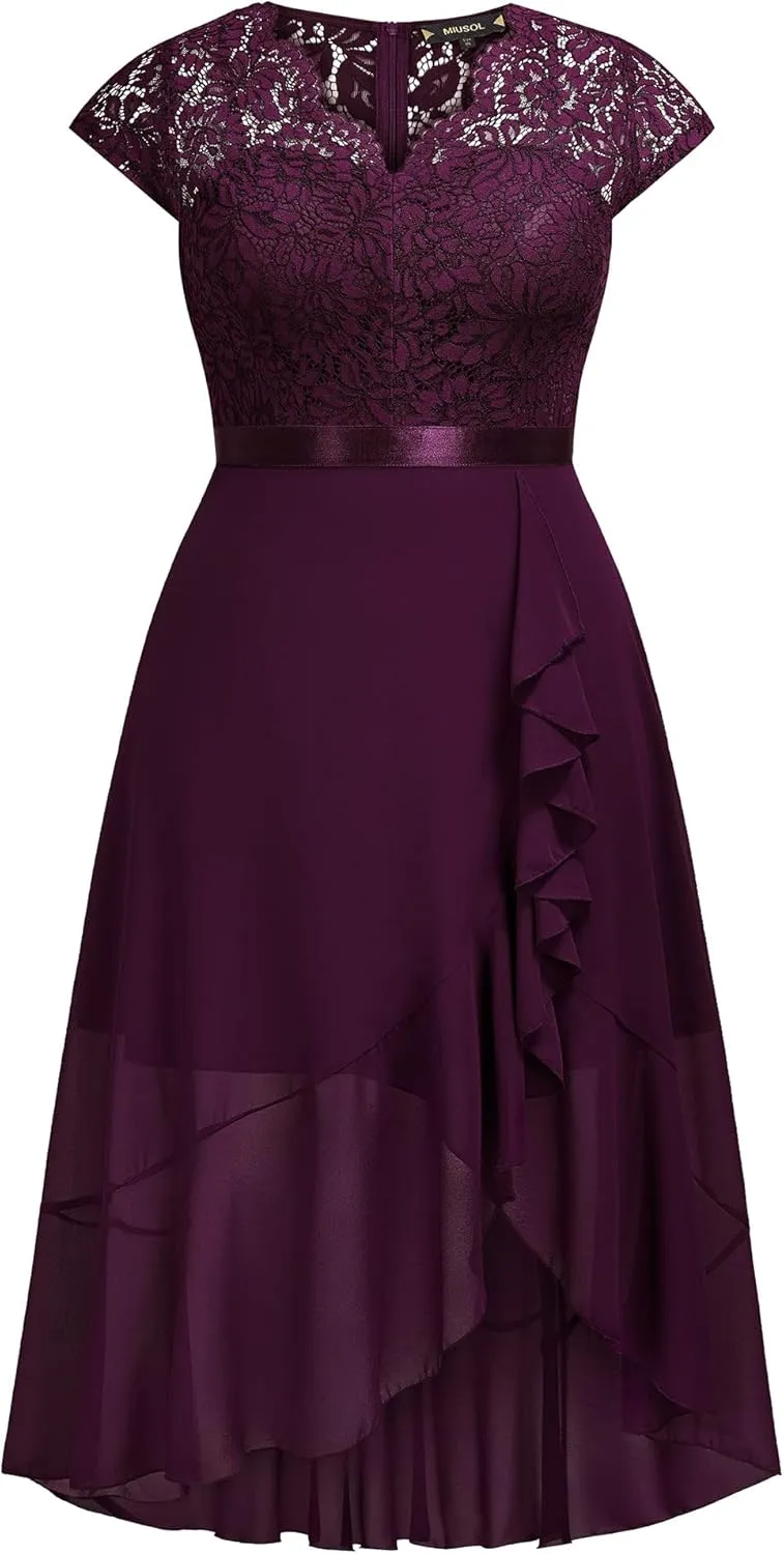 Miusol Women's Plus Size V Neck Elegant Floral Lace Ruffle Bridesmaid Maxi Dress