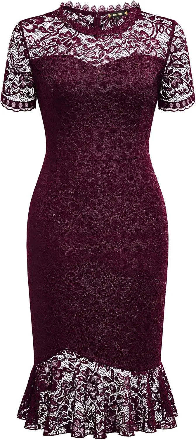 Miusol Women's Retro Floral Lace Short Sleeves Cocktail Party Formal Dress
