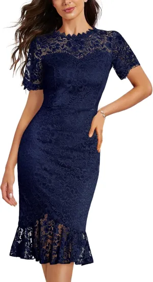 Miusol Women's Retro Floral Lace Short Sleeves Cocktail Party Formal Dress