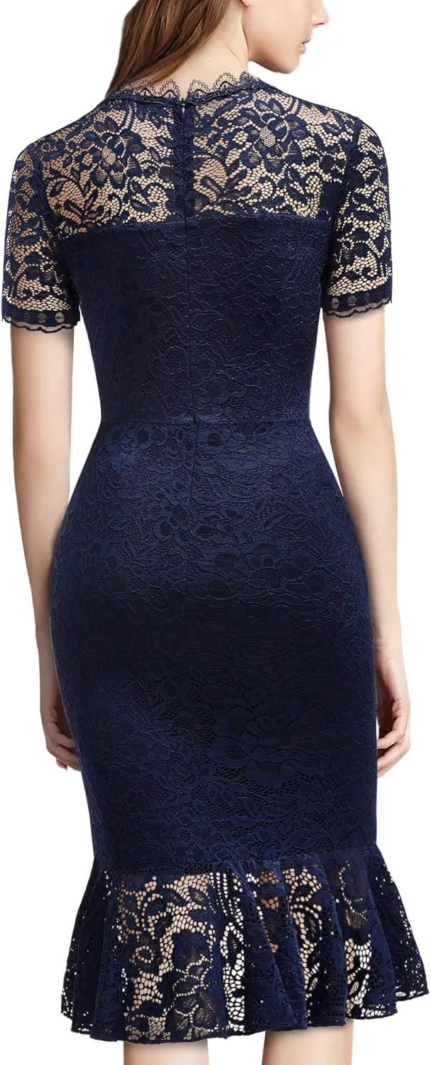 Miusol Women's Retro Floral Lace Short Sleeves Cocktail Party Formal Dress
