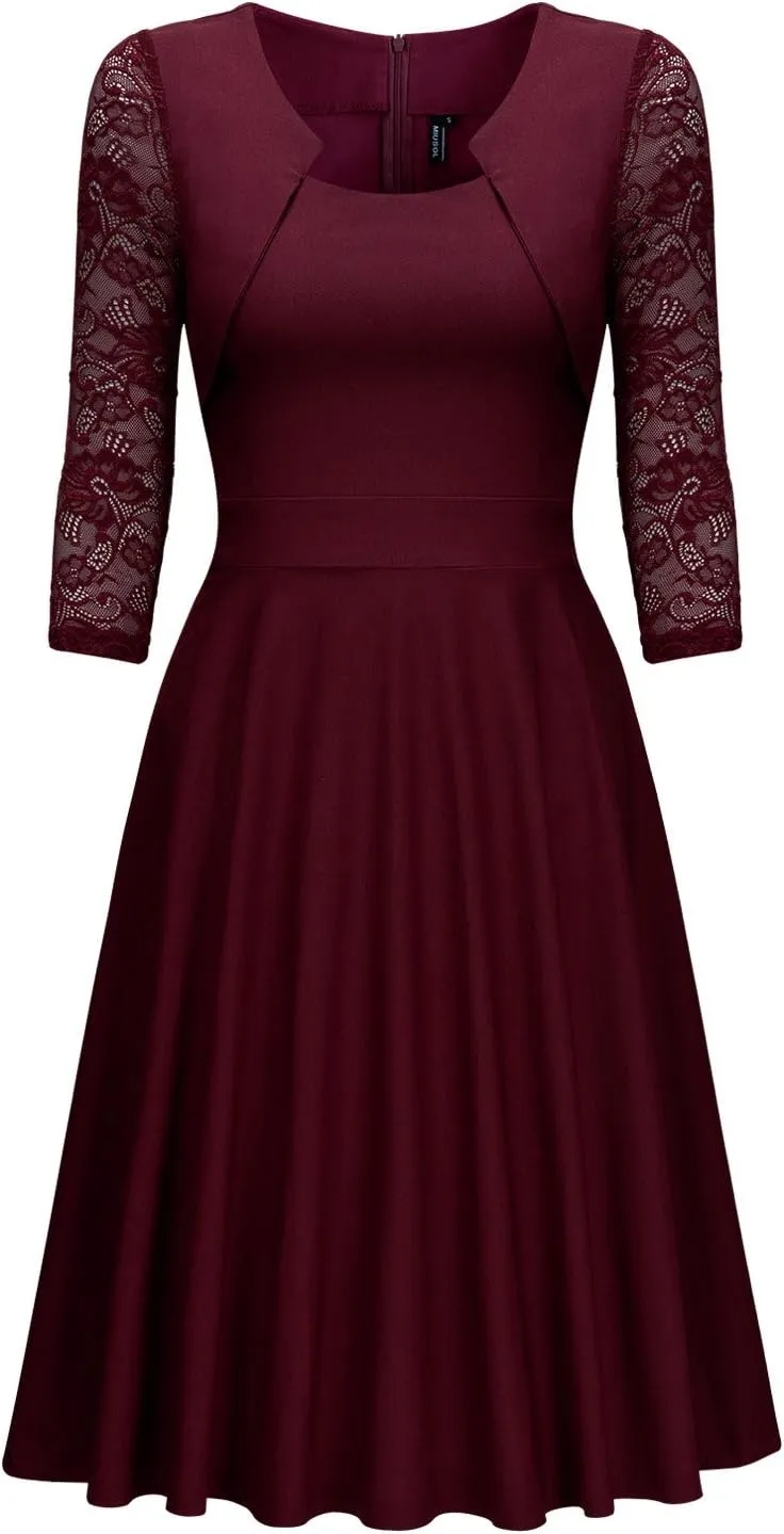 Miusol Women's Vintage Square Neck Floral Lace 2/3 Sleeve Cocktail Swing Dress