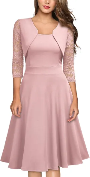 Miusol Women's Vintage Square Neck Floral Lace 2/3 Sleeve Cocktail Swing Dress