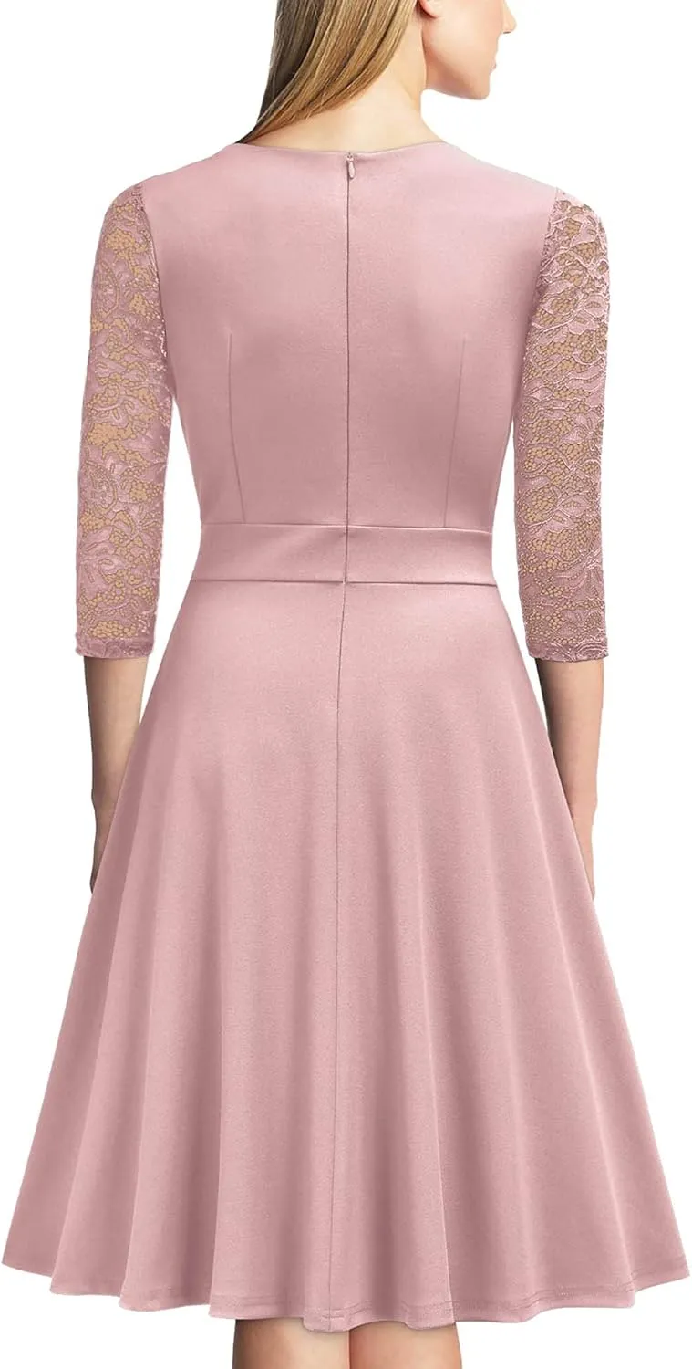 Miusol Women's Vintage Square Neck Floral Lace 2/3 Sleeve Cocktail Swing Dress