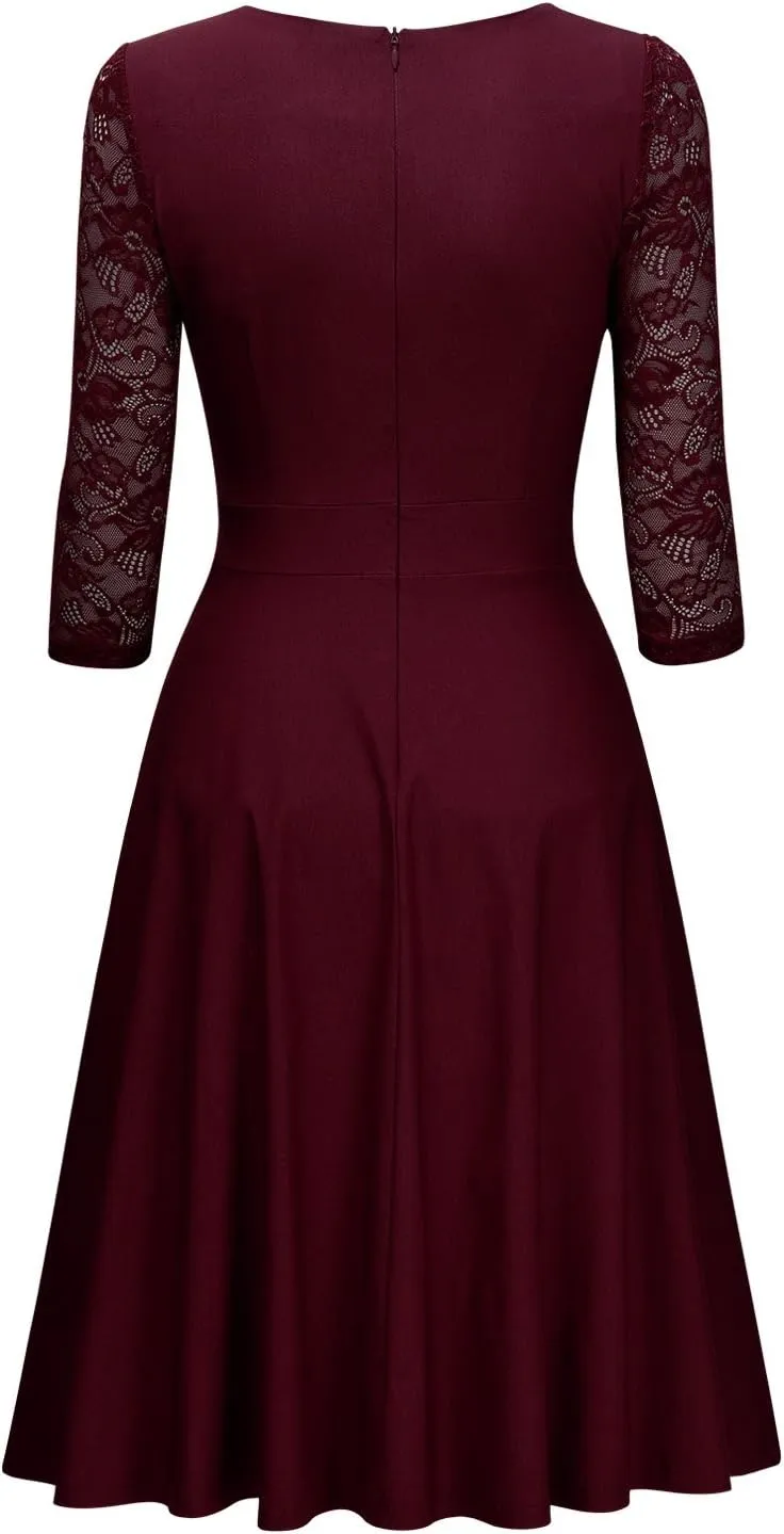 Miusol Women's Vintage Square Neck Floral Lace 2/3 Sleeve Cocktail Swing Dress