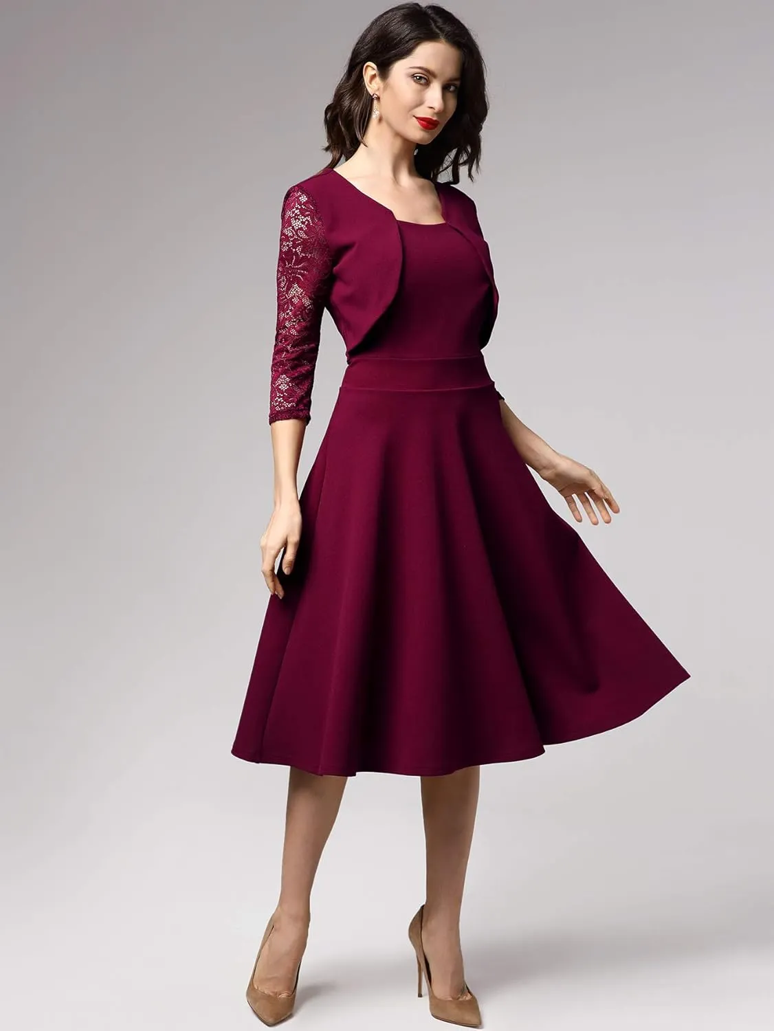 Miusol Women's Vintage Square Neck Floral Lace 2/3 Sleeve Cocktail Swing Dress