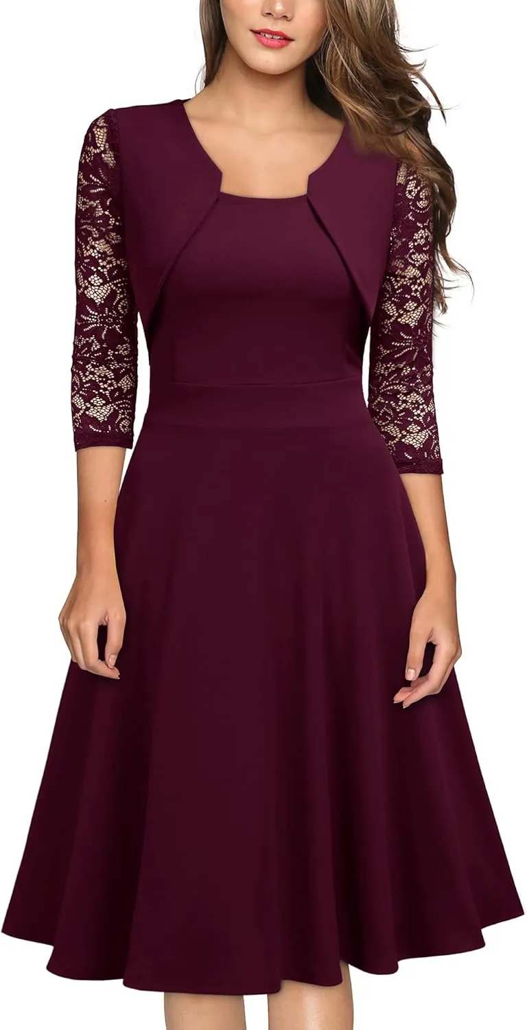 Miusol Women's Vintage Square Neck Floral Lace 2/3 Sleeve Cocktail Swing Dress