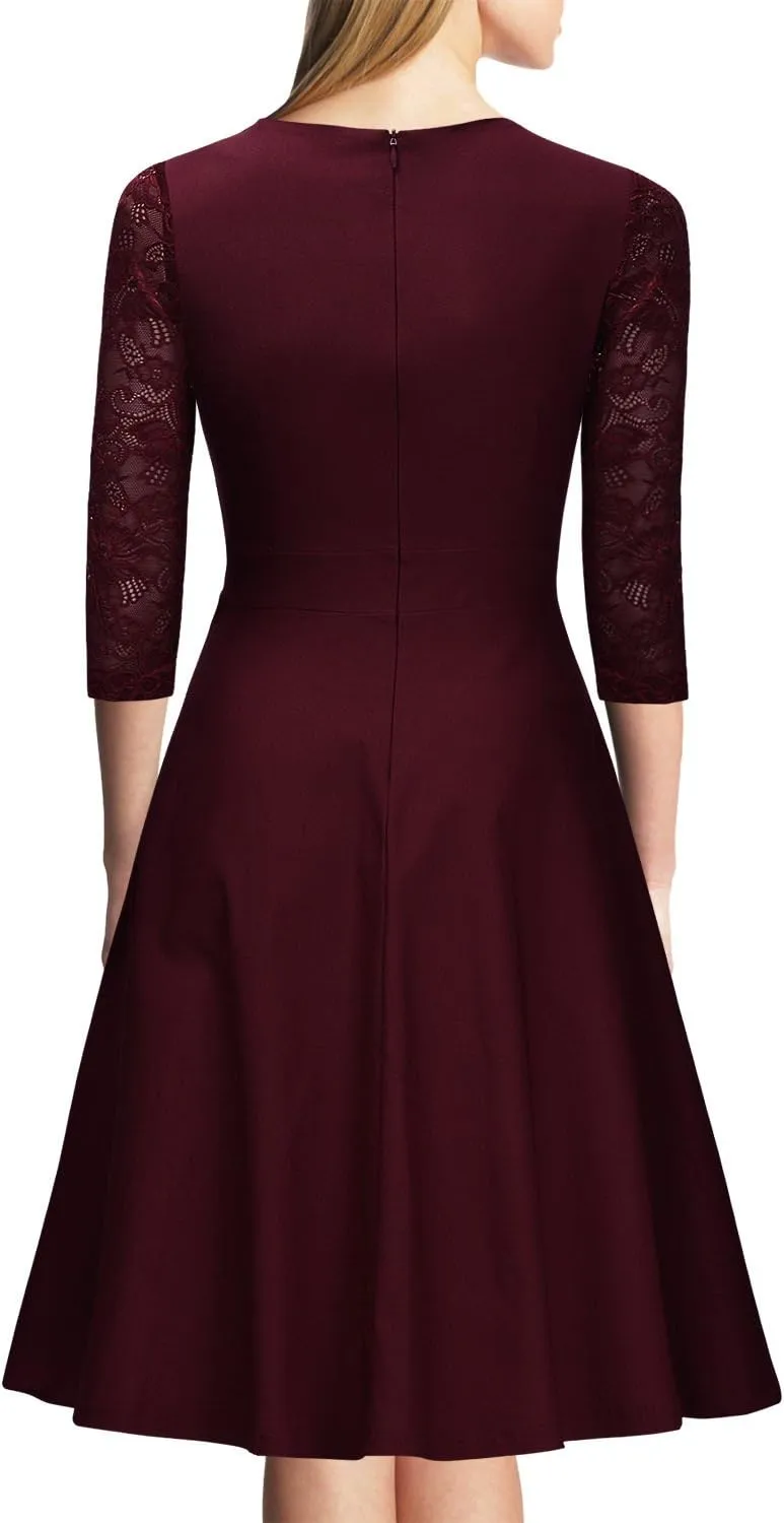 Miusol Women's Vintage Square Neck Floral Lace 2/3 Sleeve Cocktail Swing Dress