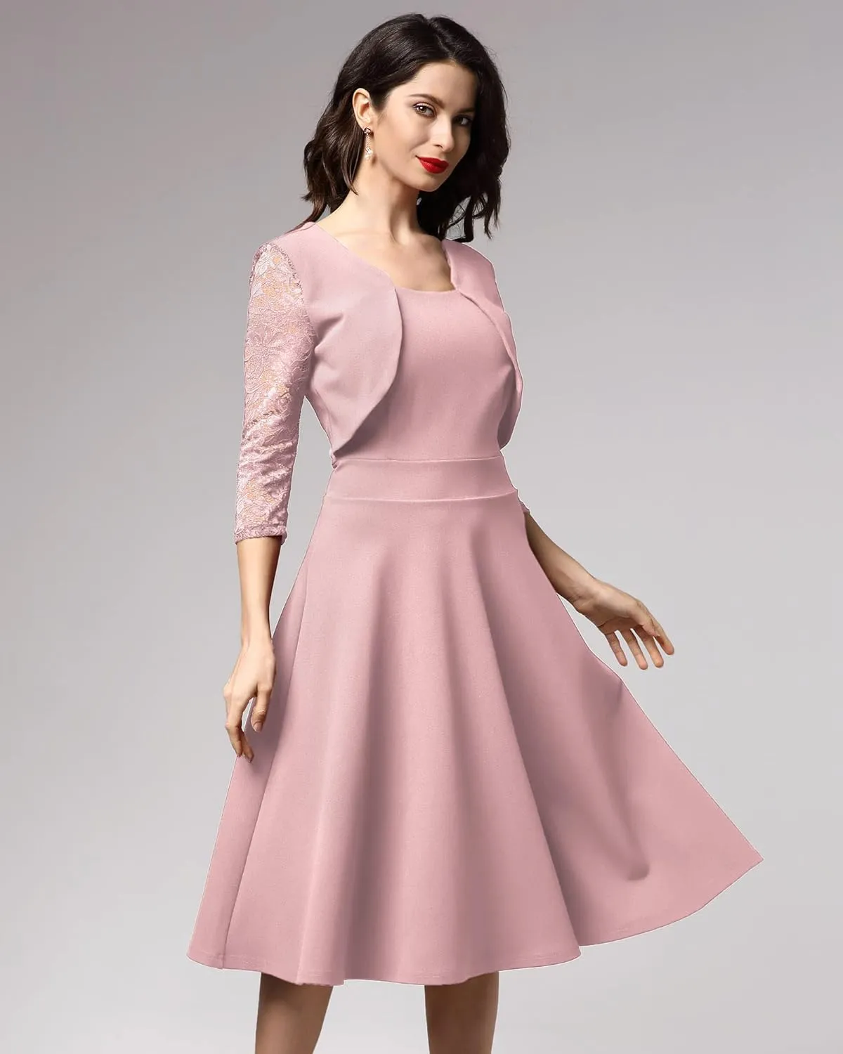 Miusol Women's Vintage Square Neck Floral Lace 2/3 Sleeve Cocktail Swing Dress