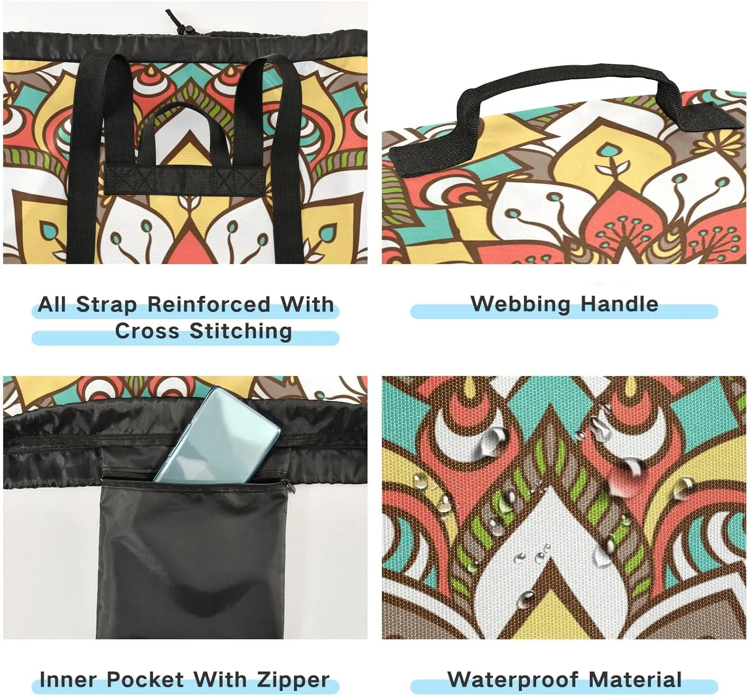 MNSRUU Washable Laundry Bag Backpack Large Dirty Clothes Bag with Adjustable Shoulder Strap Handles, Ethnic Floral Mandala Extra Laundry Heavy Duty Drawstring Bag for Travel College Grey Camping