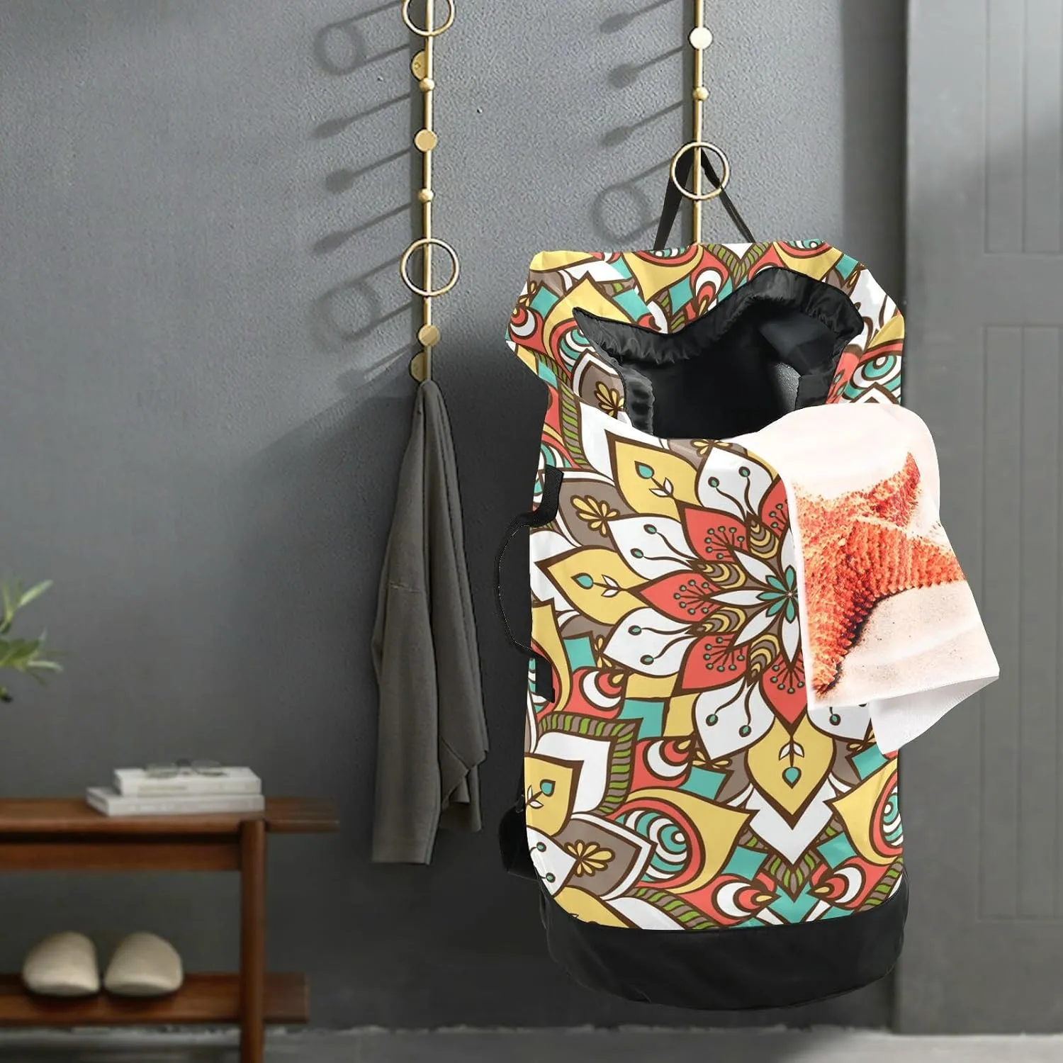 MNSRUU Washable Laundry Bag Backpack Large Dirty Clothes Bag with Adjustable Shoulder Strap Handles, Ethnic Floral Mandala Extra Laundry Heavy Duty Drawstring Bag for Travel College Grey Camping