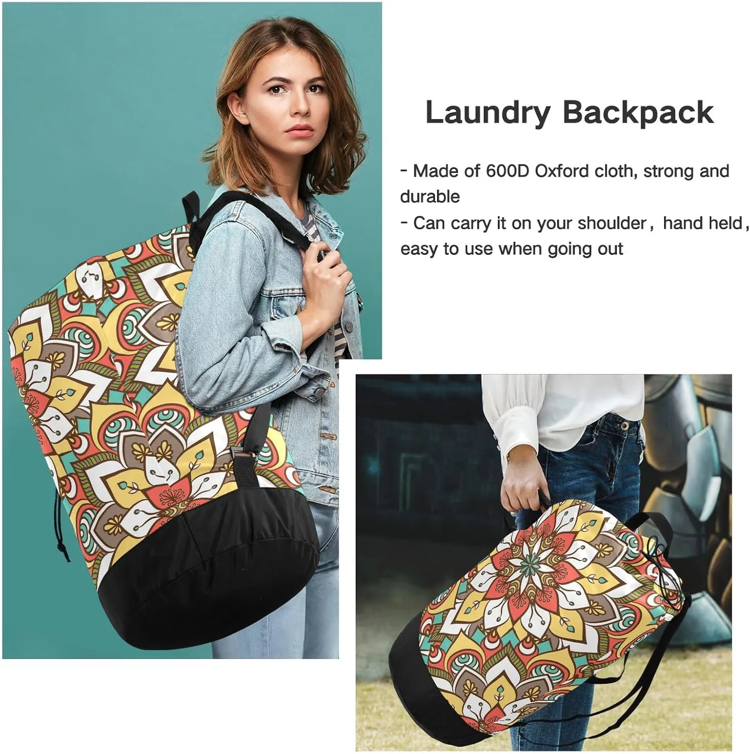 MNSRUU Washable Laundry Bag Backpack Large Dirty Clothes Bag with Adjustable Shoulder Strap Handles, Ethnic Floral Mandala Extra Laundry Heavy Duty Drawstring Bag for Travel College Grey Camping