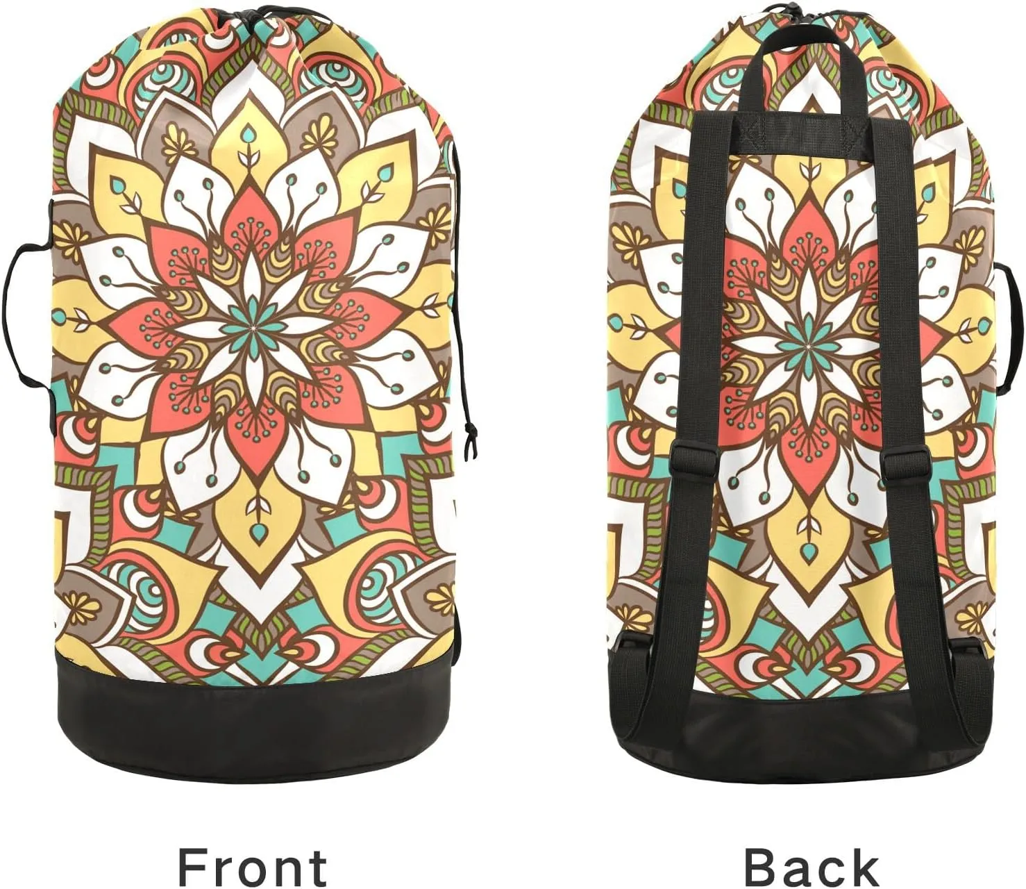 MNSRUU Washable Laundry Bag Backpack Large Dirty Clothes Bag with Adjustable Shoulder Strap Handles, Ethnic Floral Mandala Extra Laundry Heavy Duty Drawstring Bag for Travel College Grey Camping