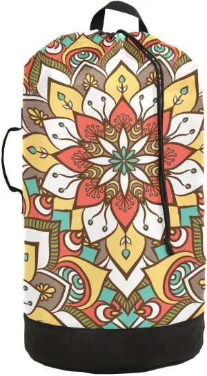 MNSRUU Washable Laundry Bag Backpack Large Dirty Clothes Bag with Adjustable Shoulder Strap Handles, Ethnic Floral Mandala Extra Laundry Heavy Duty Drawstring Bag for Travel College Grey Camping