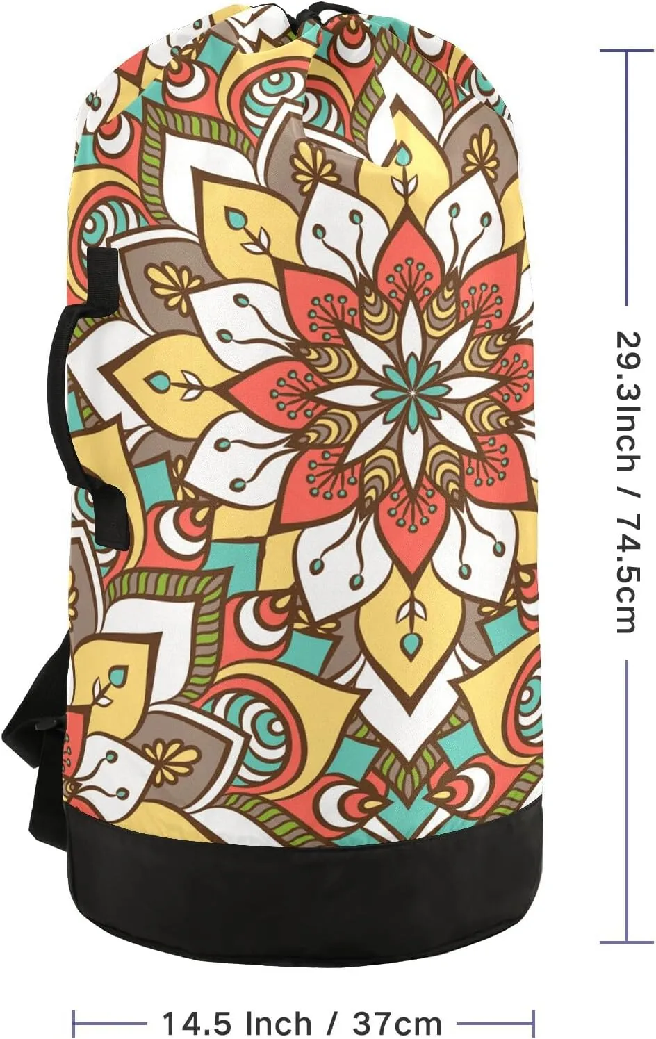 MNSRUU Washable Laundry Bag Backpack Large Dirty Clothes Bag with Adjustable Shoulder Strap Handles, Ethnic Floral Mandala Extra Laundry Heavy Duty Drawstring Bag for Travel College Grey Camping