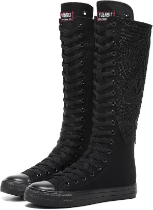 Momuk Fashion Girls Canvas Boots Knee High Sneakers Causal School Shoes Applicable for Both School Dresses or Casual Occasions for Women Size 7 B(M) US Black