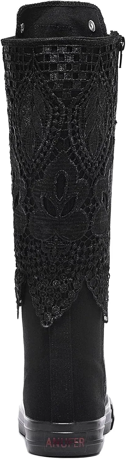 Momuk Fashion Girls Canvas Boots Knee High Sneakers Causal School Shoes Applicable for Both School Dresses or Casual Occasions for Women Size 7 B(M) US Black
