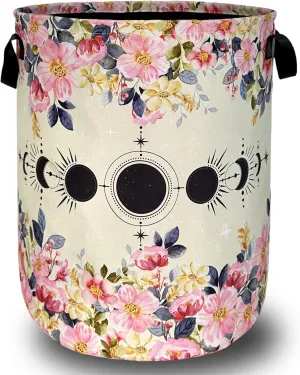 Moon Phase Laundry Hamper Beautiful Pink Floral Laundry Basket With Handles Foldable Oxford Cloth Colorful Tote Bag Clothes Toy Storage Bucket 18.9" x 16.5" For Bathroom/Laundry/Bedroom