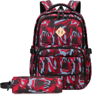 MOONBABY Kids Backpack for Boys School Bookbag with Pencil Case for Elementary Primary Middle School, Red