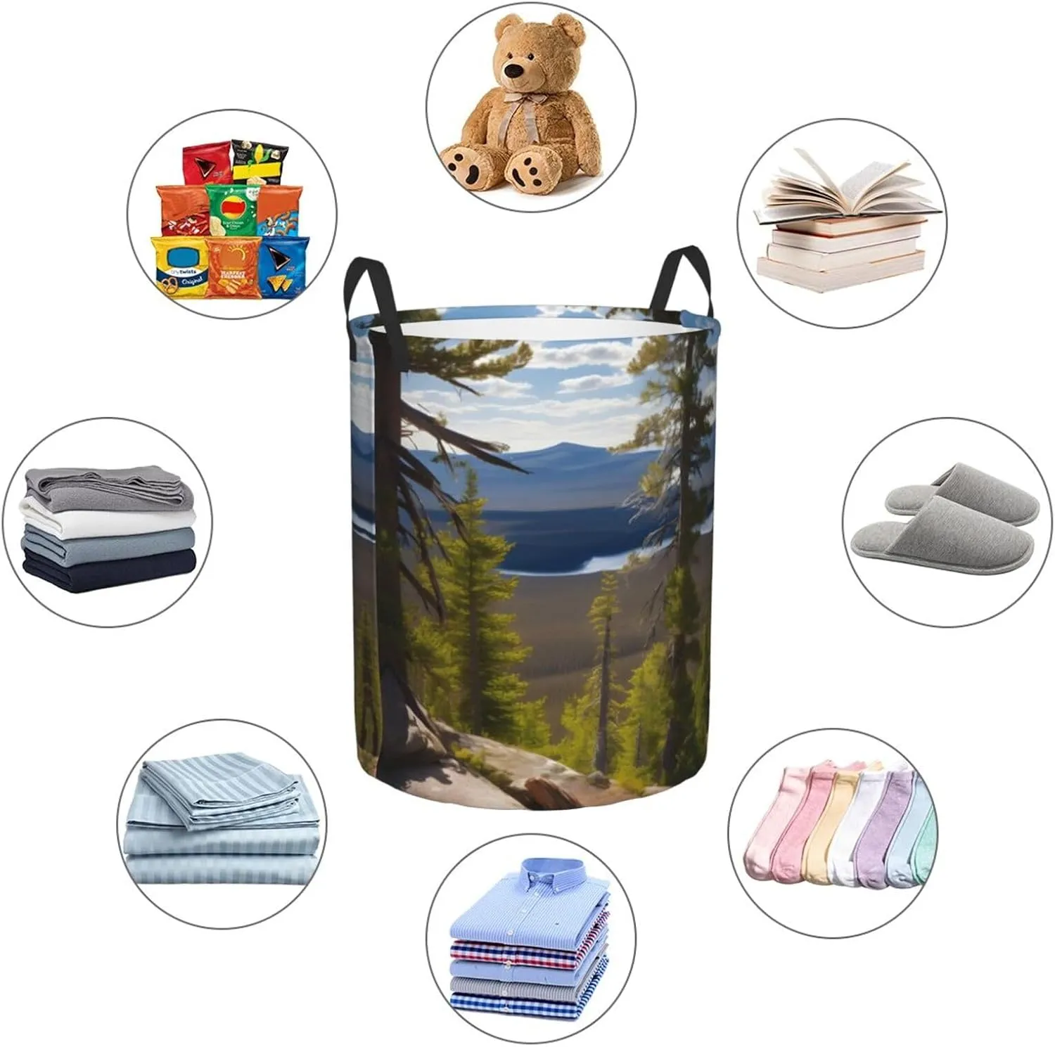 Moose Mountain Pine Tree Print Large Laundry Hampers, Collapsible Tall Clothes Baskets, Washing Bag For Bathroom, Bedrooms