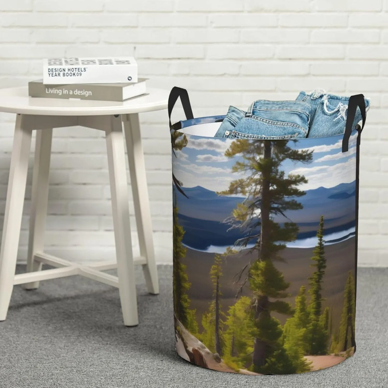 Moose Mountain Pine Tree Print Large Laundry Hampers, Collapsible Tall Clothes Baskets, Washing Bag For Bathroom, Bedrooms
