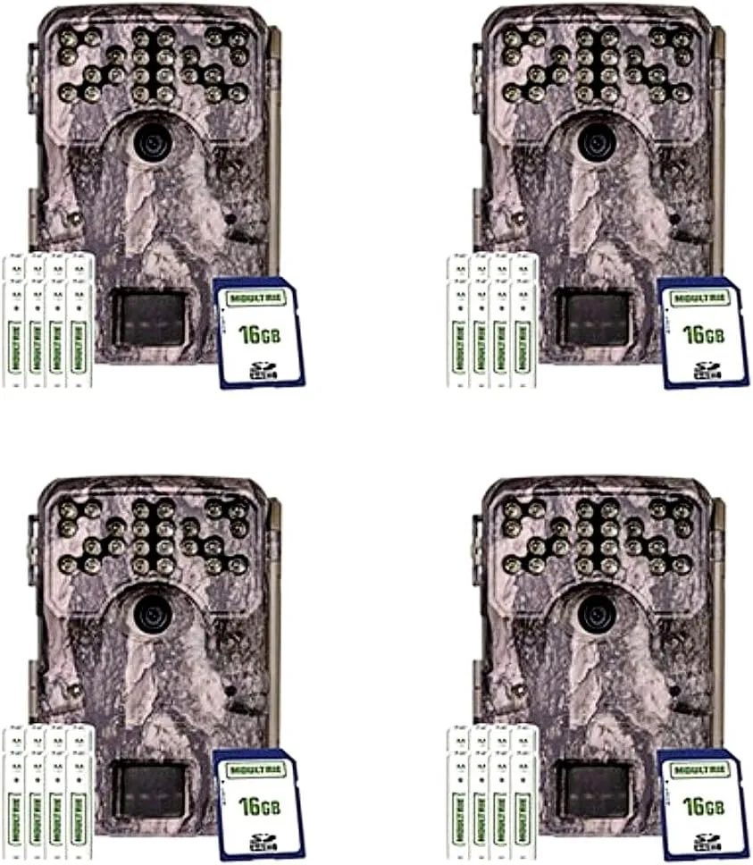 Moultrie Game Trail Camera Bundle A900i | AAA Batteries | 16 MB SD Cards MCG-14002 Pine Bark Camera - (4 Pack)