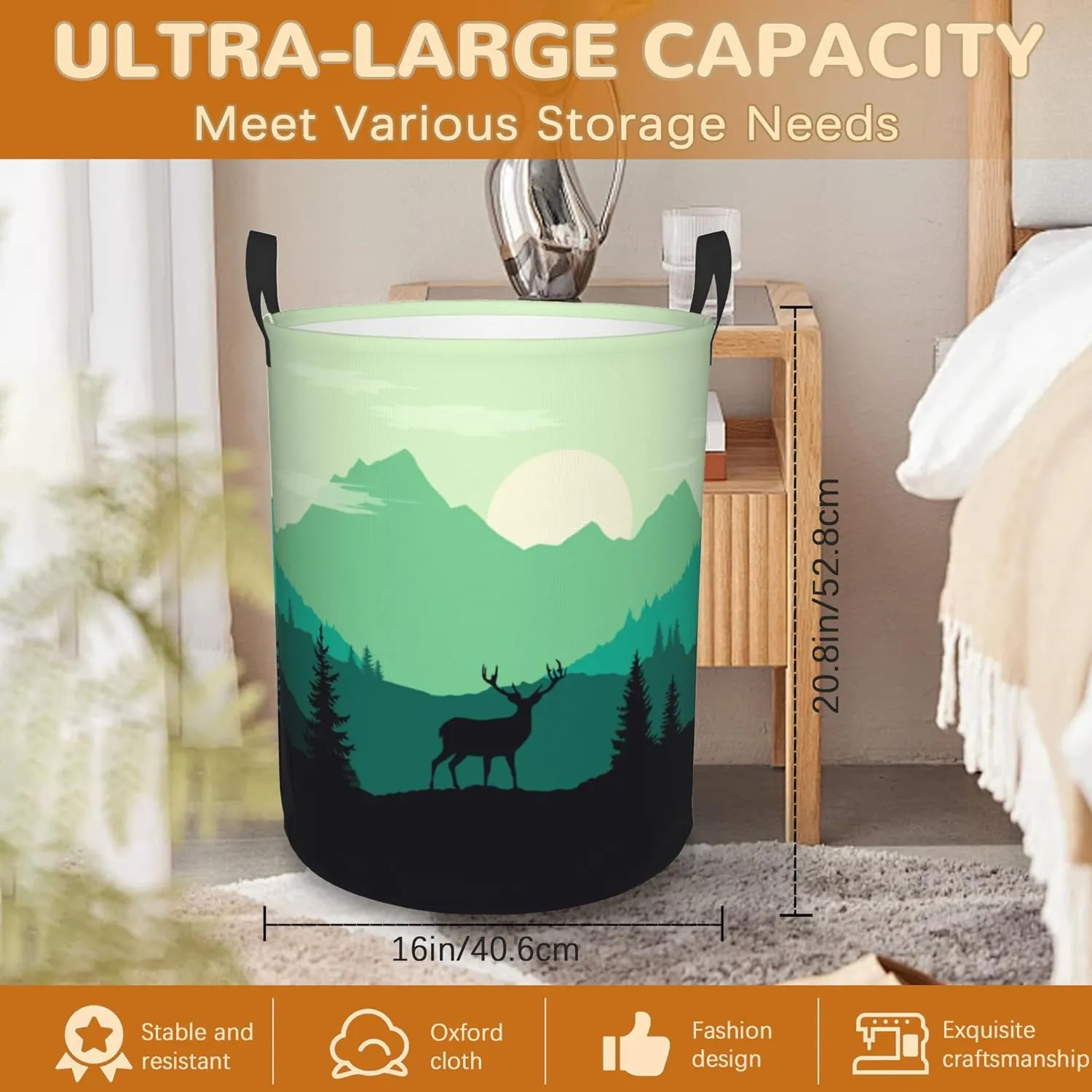 Mountain Deer Collapsible Laundry Basket,Forest Sunrise Landscape Bedroom Waterproof Laundry Hamper,Bathroom Large Storage Bag,College Dormitory Living Room Nursery Organizer Toy Bin 16" x 20"
