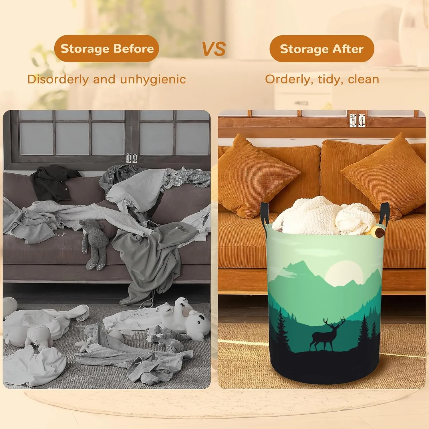 Mountain Deer Collapsible Laundry Basket,Forest Sunrise Landscape Bedroom Waterproof Laundry Hamper,Bathroom Large Storage Bag,College Dormitory Living Room Nursery Organizer Toy Bin 16" x 20"