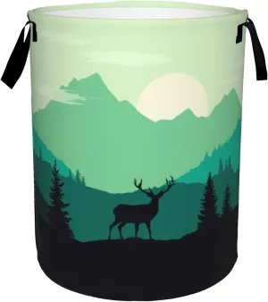 Mountain Deer Collapsible Laundry Basket,Forest Sunrise Landscape Bedroom Waterproof Laundry Hamper,Bathroom Large Storage Bag,College Dormitory Living Room Nursery Organizer Toy Bin 16" x 20"