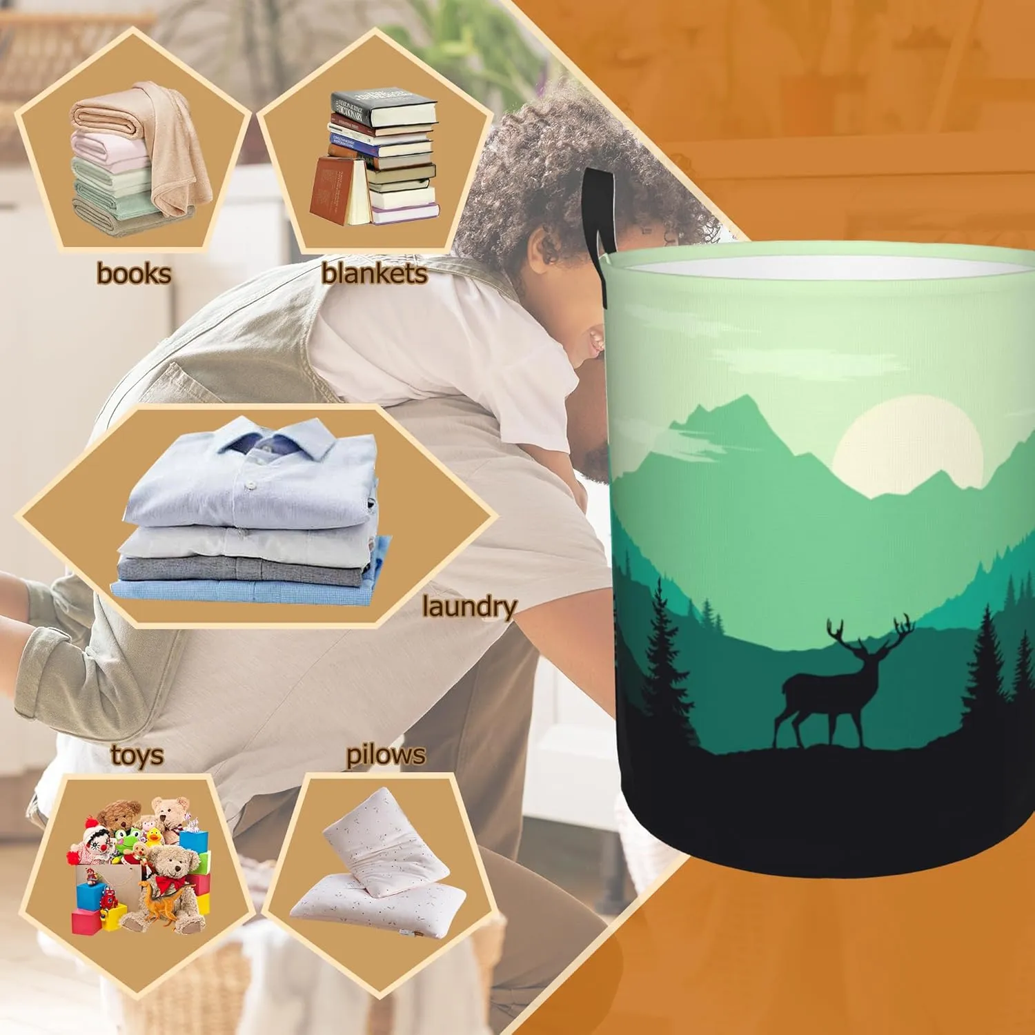 Mountain Deer Collapsible Laundry Basket,Forest Sunrise Landscape Bedroom Waterproof Laundry Hamper,Bathroom Large Storage Bag,College Dormitory Living Room Nursery Organizer Toy Bin 16" x 20"
