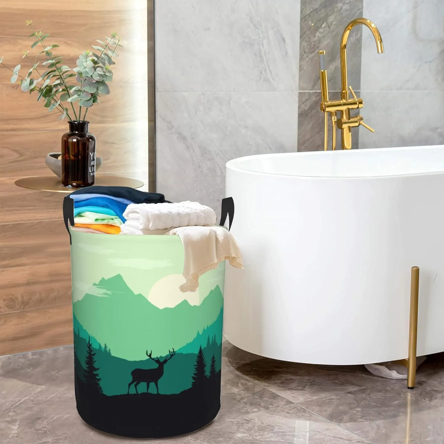Mountain Deer Collapsible Laundry Basket,Forest Sunrise Landscape Bedroom Waterproof Laundry Hamper,Bathroom Large Storage Bag,College Dormitory Living Room Nursery Organizer Toy Bin 16" x 20"