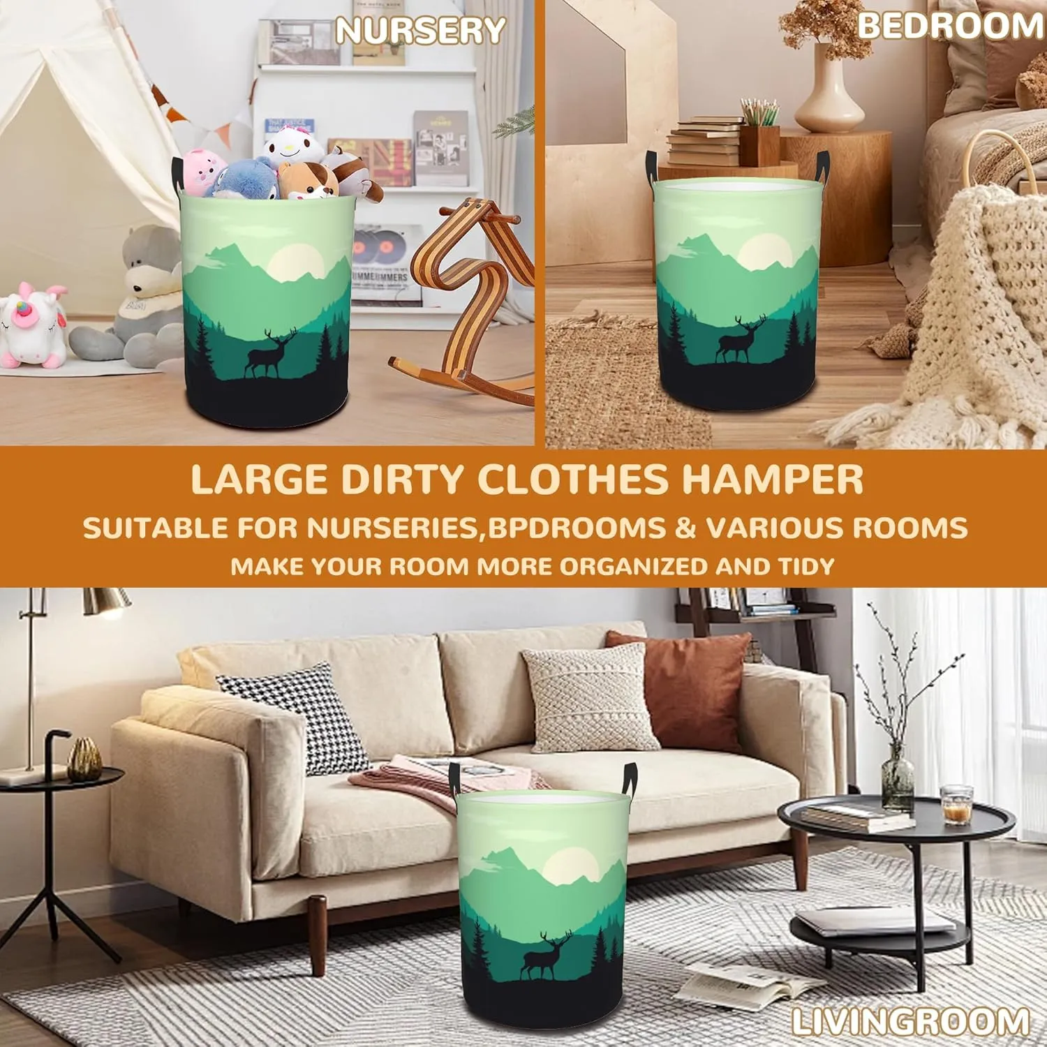 Mountain Deer Collapsible Laundry Basket,Forest Sunrise Landscape Bedroom Waterproof Laundry Hamper,Bathroom Large Storage Bag,College Dormitory Living Room Nursery Organizer Toy Bin 16" x 20"