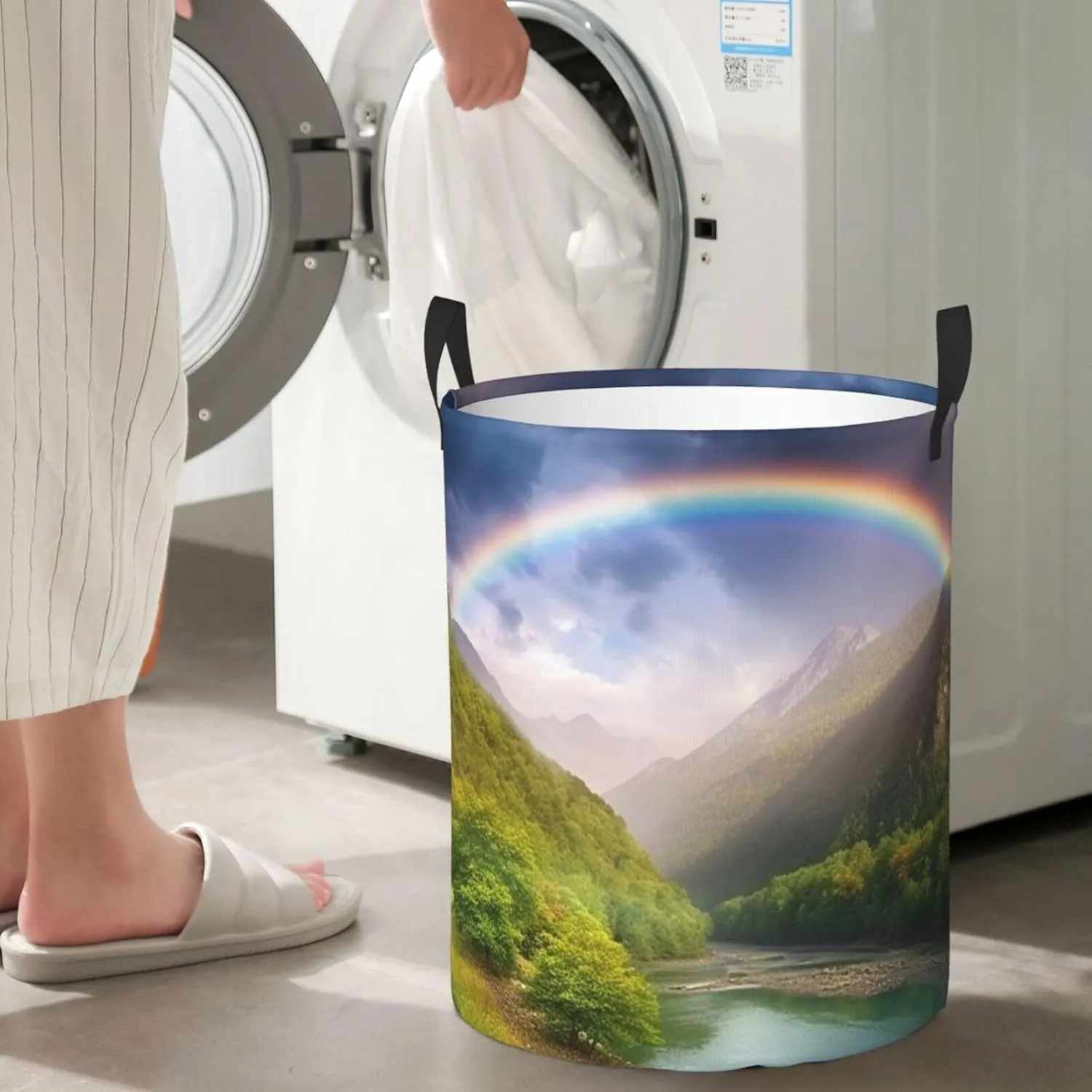 Mountain Valley with Rainbow Laundry Basket Freestanding Laundry Hamper Collapsible Dirty Clothes Basket Tall Clothes Hamper with Handles for Dorm Bathroom Bedroom Travel Camping