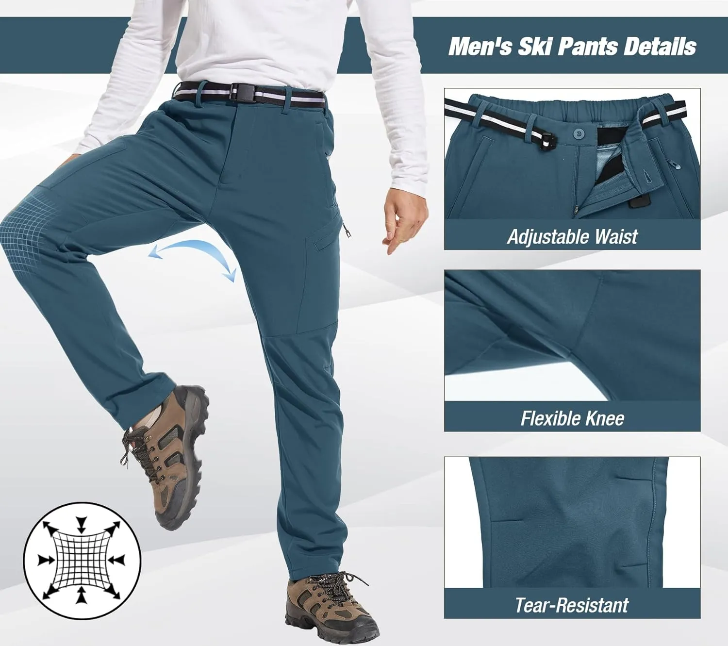 MOURCE Men's Fleece Lined Snow Hiking Pants Water Resistant，Insulated Winter Ski Pants 6 Zip Pockets and Belt