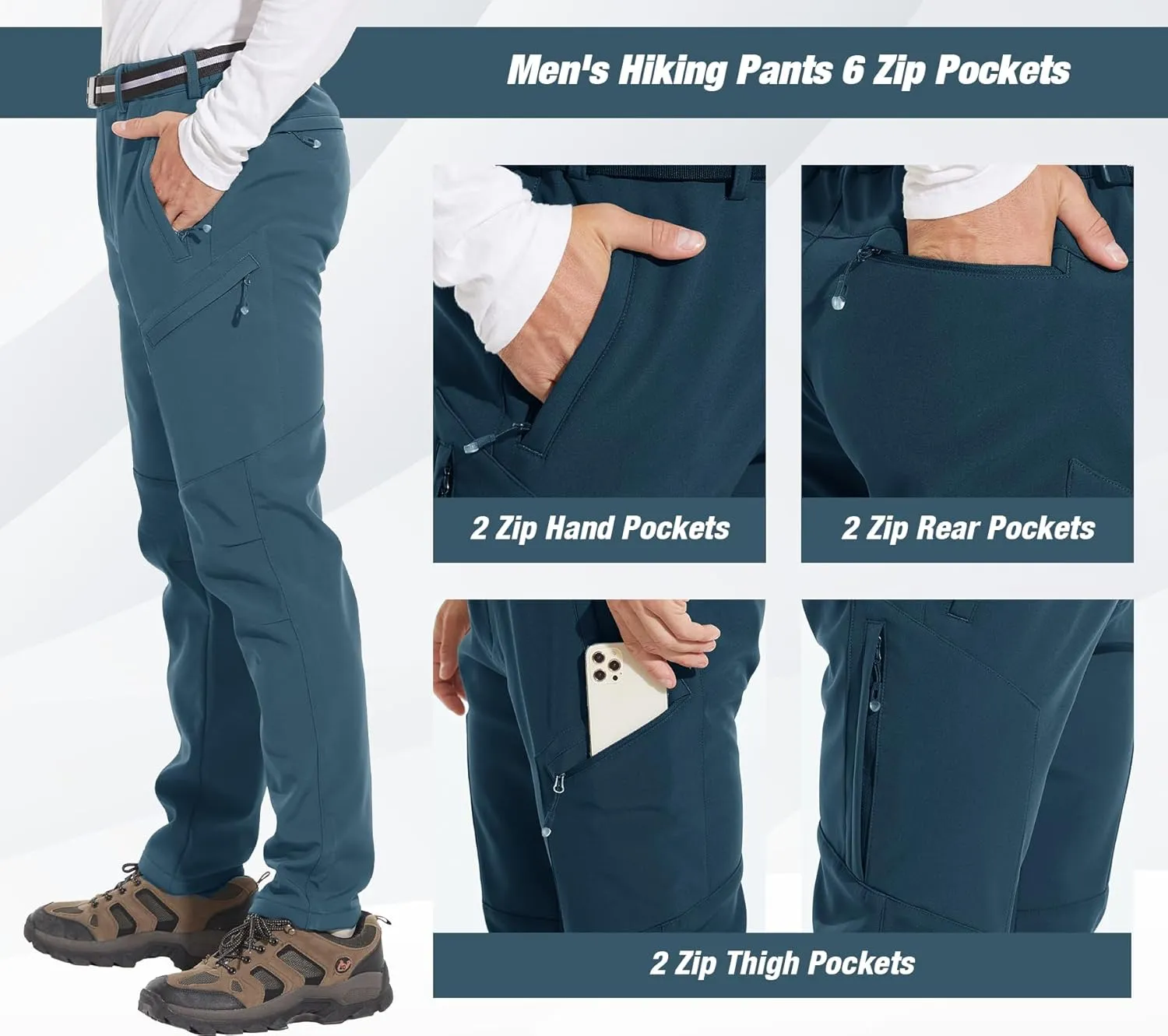 MOURCE Men's Fleece Lined Snow Hiking Pants Water Resistant，Insulated Winter Ski Pants 6 Zip Pockets and Belt