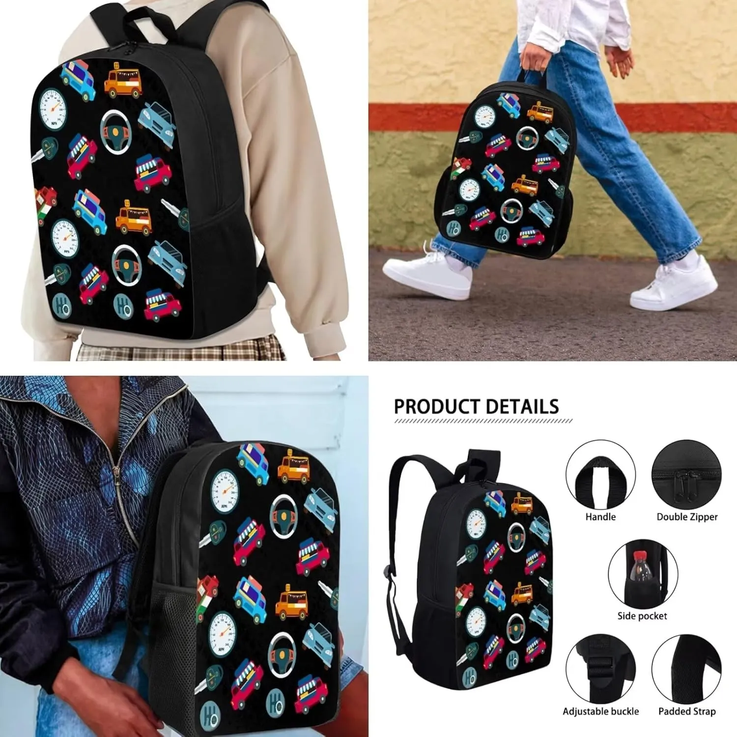 Mumeson Cars School Bags Set 3 Pack Schoolbag Bookbag Organizer Satchel Day Pack and Heat Insulated Lunch Bag Pencil Case School Supplies Set