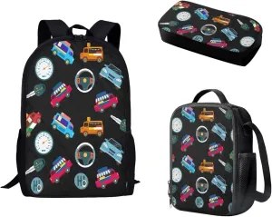 Mumeson Cars School Bags Set 3 Pack Schoolbag Bookbag Organizer Satchel Day Pack and Heat Insulated Lunch Bag Pencil Case School Supplies Set