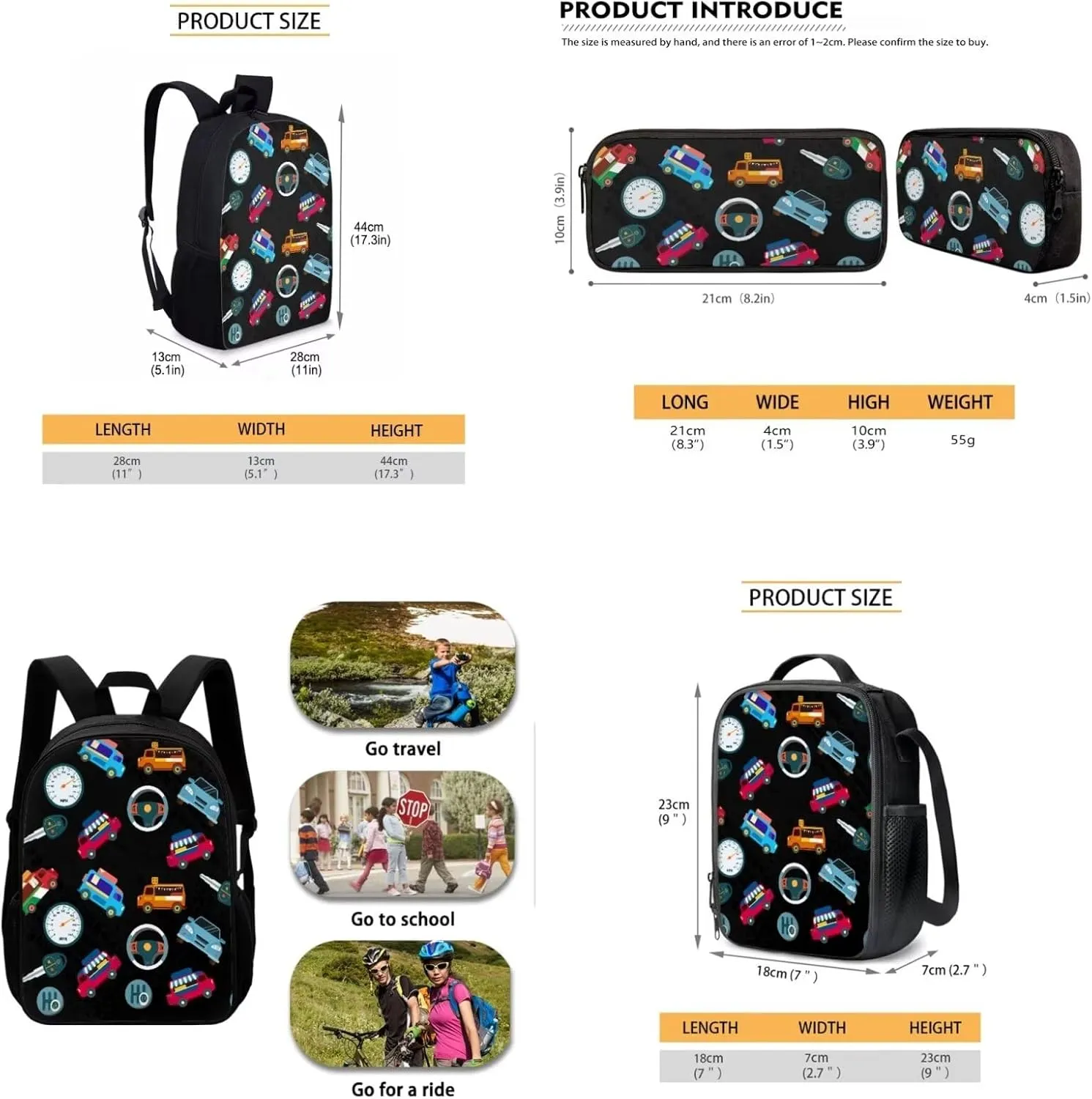 Mumeson Cars School Bags Set 3 Pack Schoolbag Bookbag Organizer Satchel Day Pack and Heat Insulated Lunch Bag Pencil Case School Supplies Set
