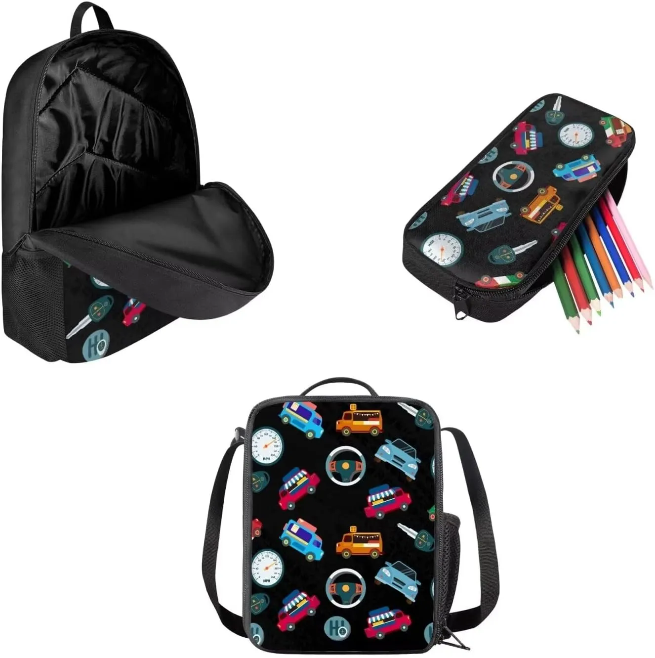 Mumeson Cars School Bags Set 3 Pack Schoolbag Bookbag Organizer Satchel Day Pack and Heat Insulated Lunch Bag Pencil Case School Supplies Set