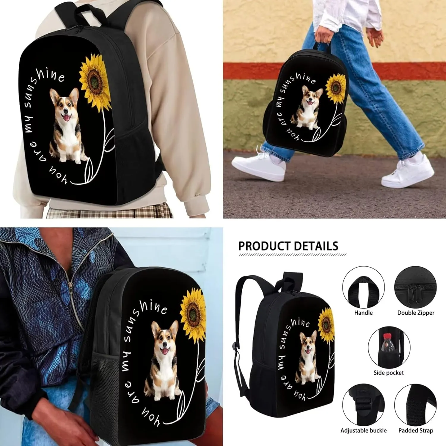Mumeson Corgi Sunflower Backpack School Bag Lightweight School Bags Soft Backing Daypack Large Capacity Organizer Book Bags with Insulated Thermal Lunch Bag Small Pencase