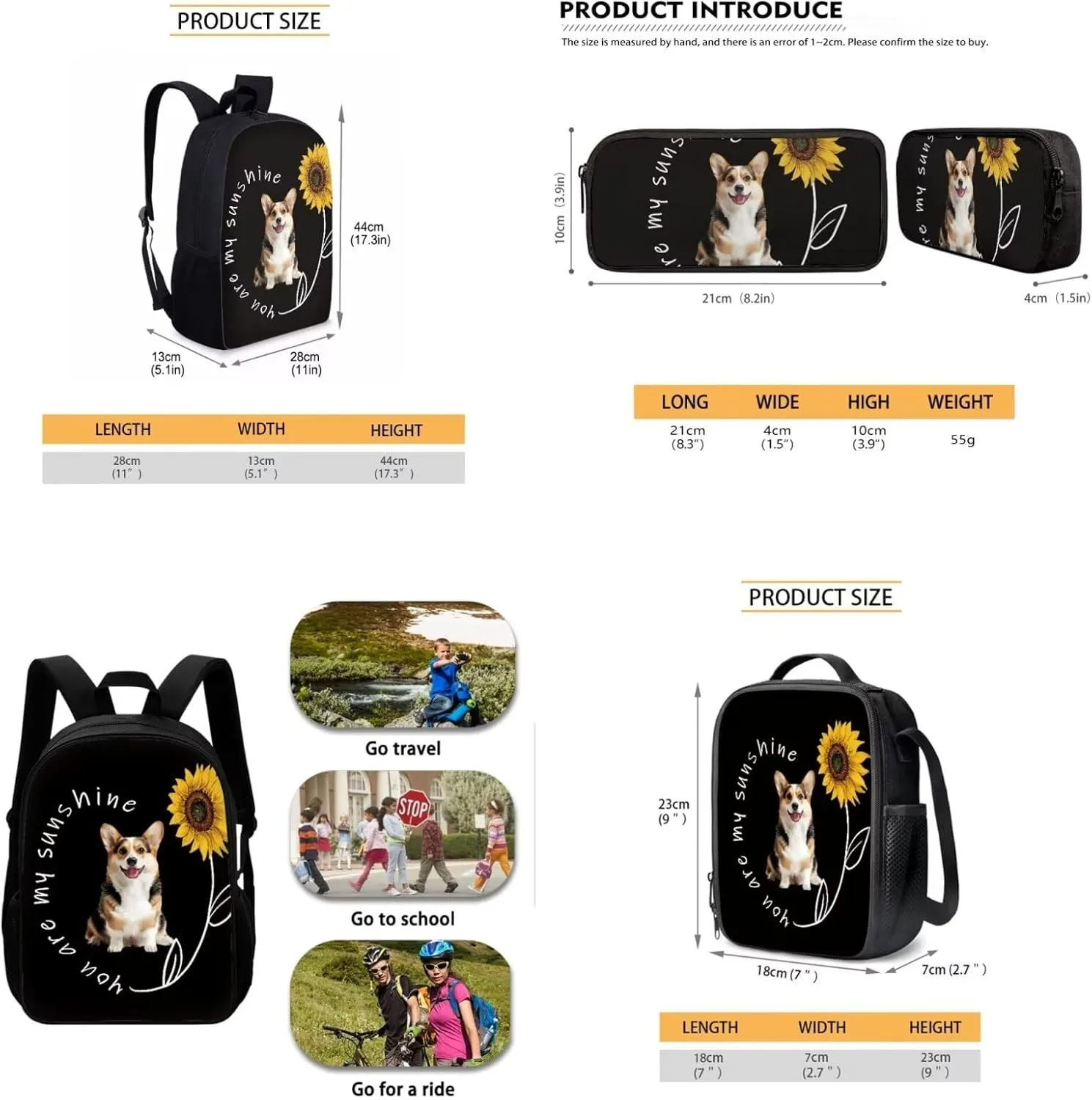 Mumeson Corgi Sunflower Backpack School Bag Lightweight School Bags Soft Backing Daypack Large Capacity Organizer Book Bags with Insulated Thermal Lunch Bag Small Pencase