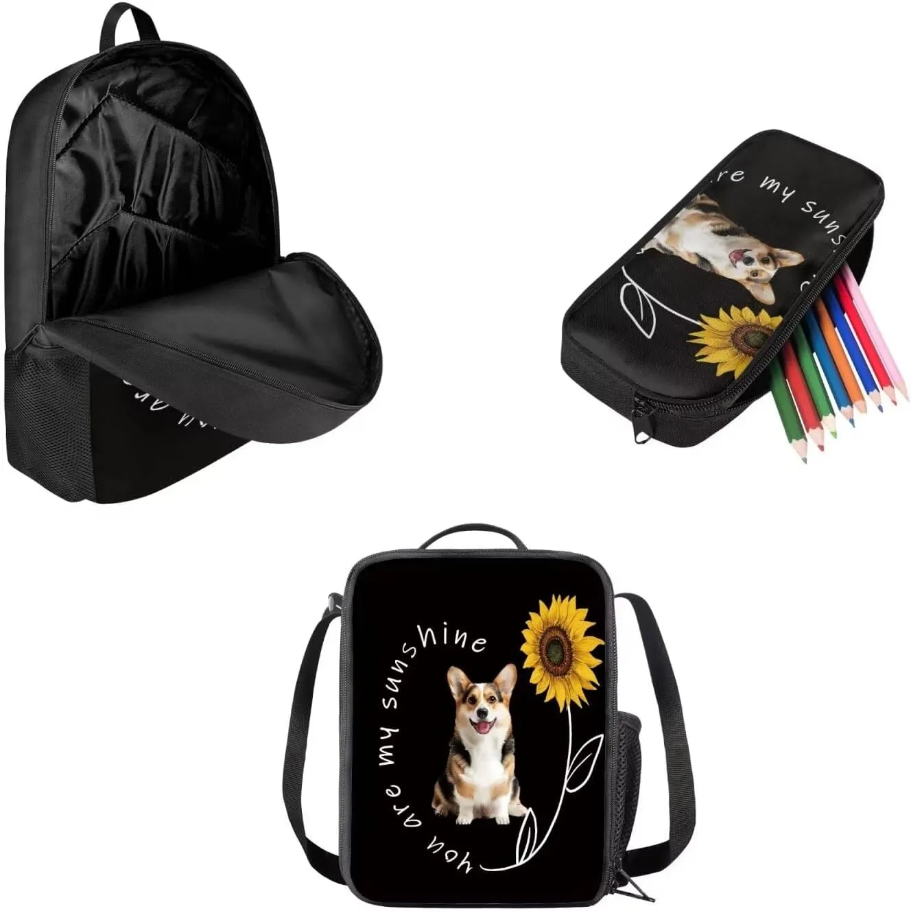 Mumeson Corgi Sunflower Backpack School Bag Lightweight School Bags Soft Backing Daypack Large Capacity Organizer Book Bags with Insulated Thermal Lunch Bag Small Pencase