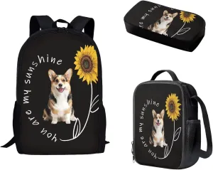 Mumeson Corgi Sunflower Backpack School Bag Lightweight School Bags Soft Backing Daypack Large Capacity Organizer Book Bags with Insulated Thermal Lunch Bag Small Pencase