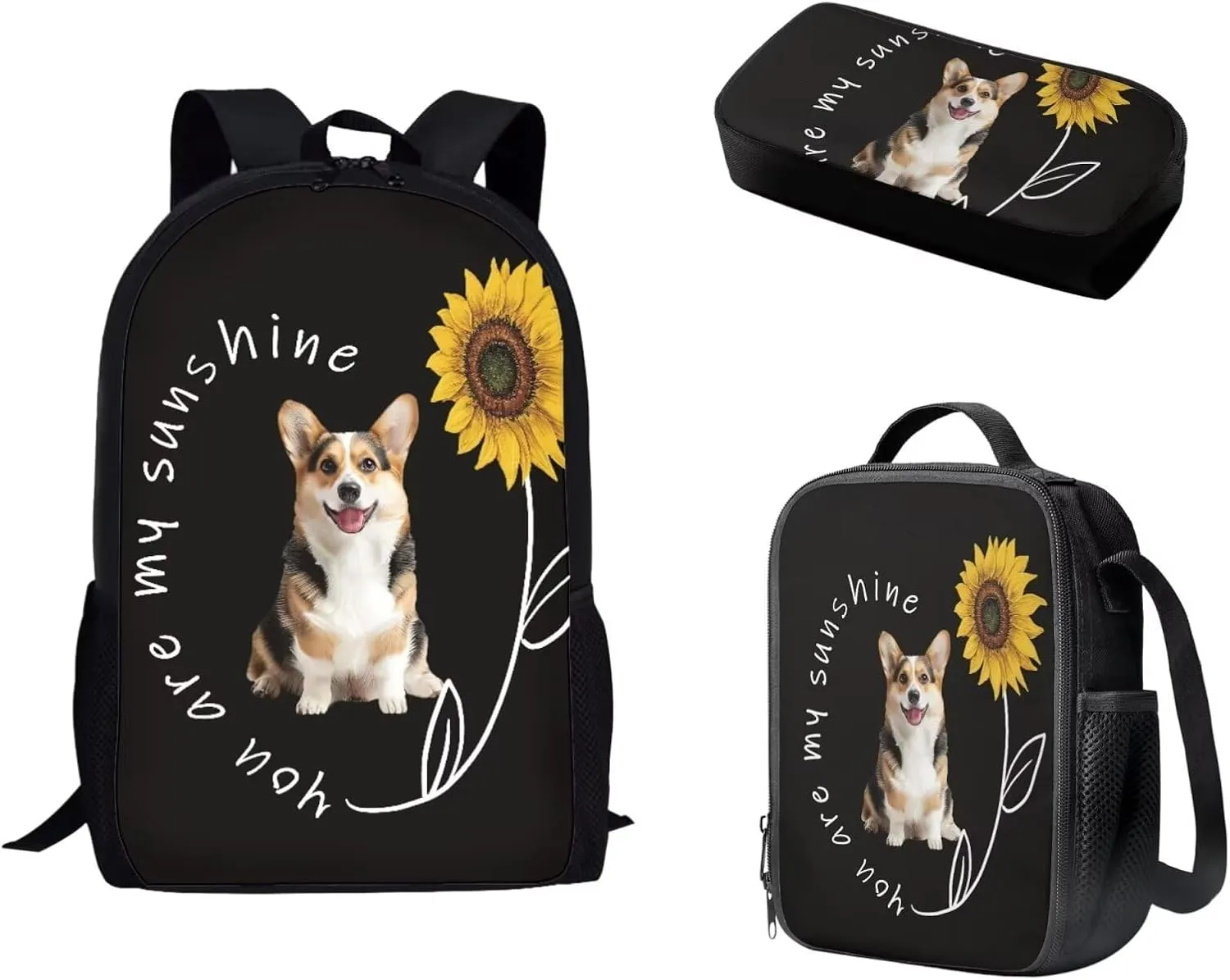 Mumeson Corgi Sunflower Backpack School Bag Lightweight School Bags Soft Backing Daypack Large Capacity Organizer Book Bags with Insulated Thermal Lunch Bag Small Pencase